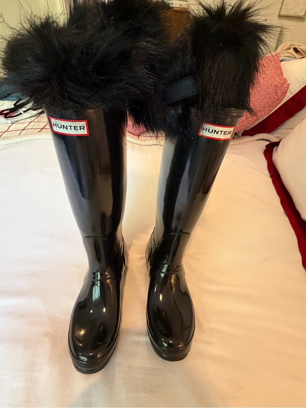 Hunter Tall Gloss Black Rain Boots w/ Furry Cuffs Women’s 7
